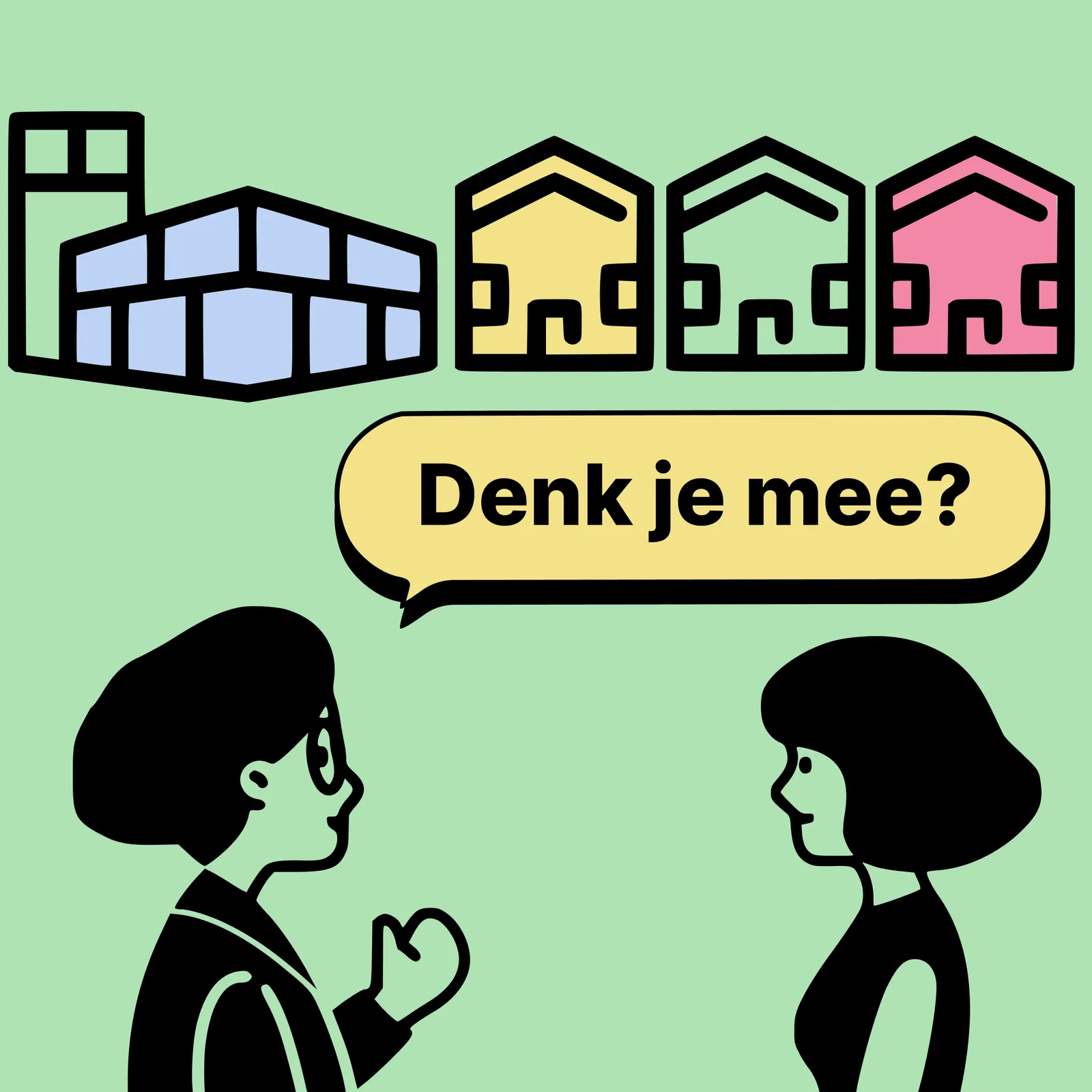Illustratie: een medewerker van de gemeente vraagt een inwoner Denk je mee?, met huizen en een gemeentehuis op de achtergrond
